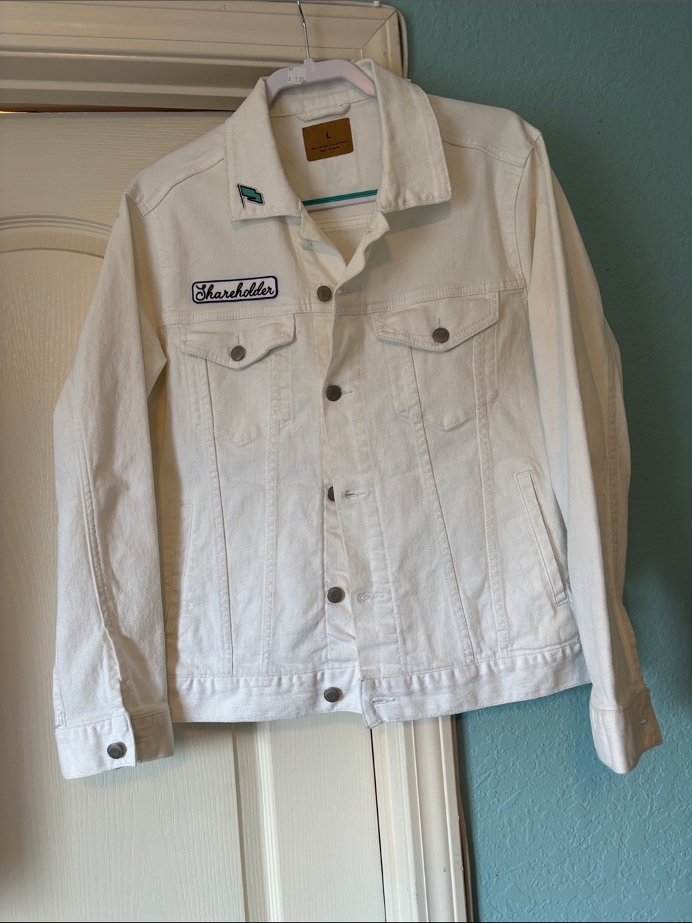White Denim Jacket with 'Shareholder' Patch - Men's Casual Coat